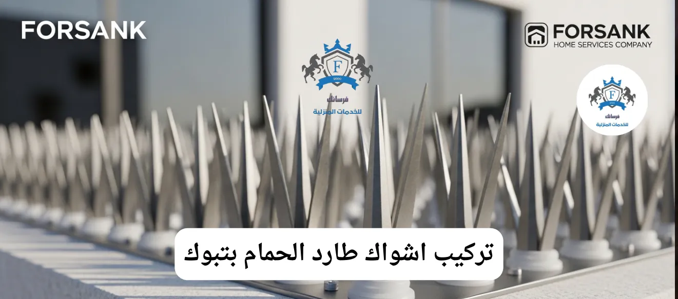 تركيب أشواك استانلس ستيل لطرد الحمام بتبوك صورة مقربة لأشواك طاردة للحمام من الاستانلس ستيل مثبتة بإحكام على حافة سطح بتبوك
